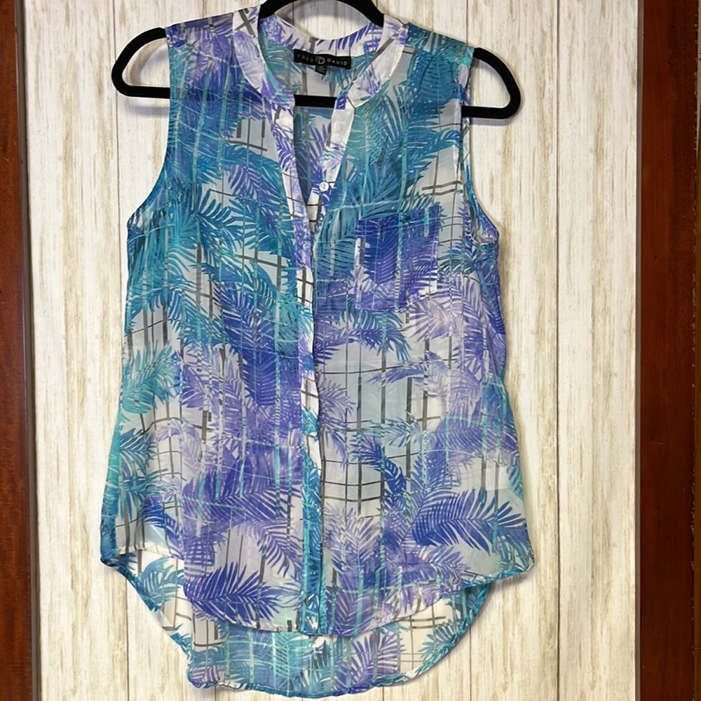 Fred David sheer Teal & Purple Floral Sleeveless Top size M